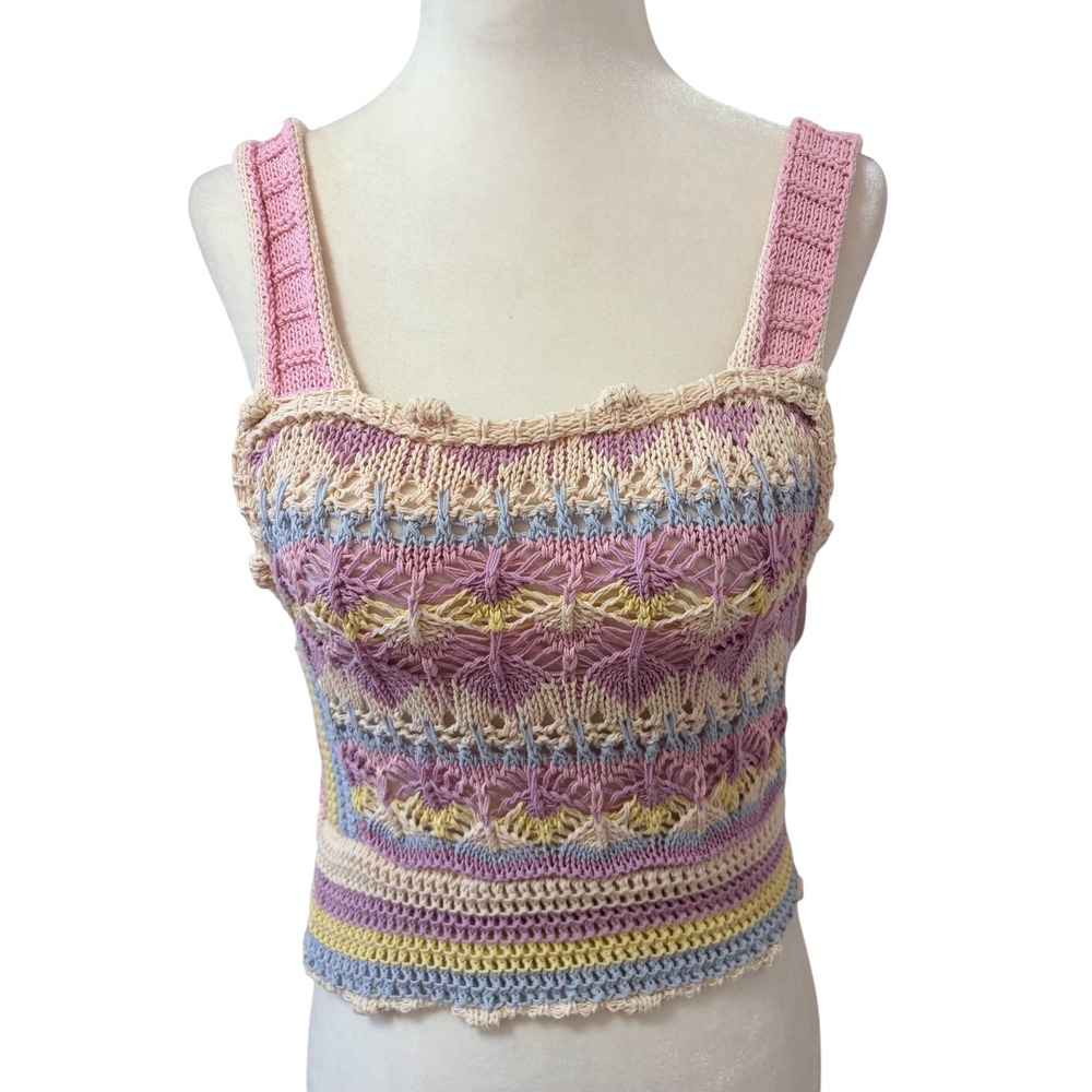 Zara Pastel Crochet Knit Small Crop Top Multi Color Boho Summer Cotton Tank - Picture 2 of 8